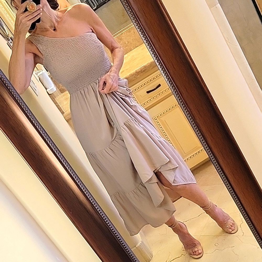 BTFBM Taupe One-shoulder Ruched Top & Flowy Tiered Bottom Summer Dress, S - Picture 2 of 14